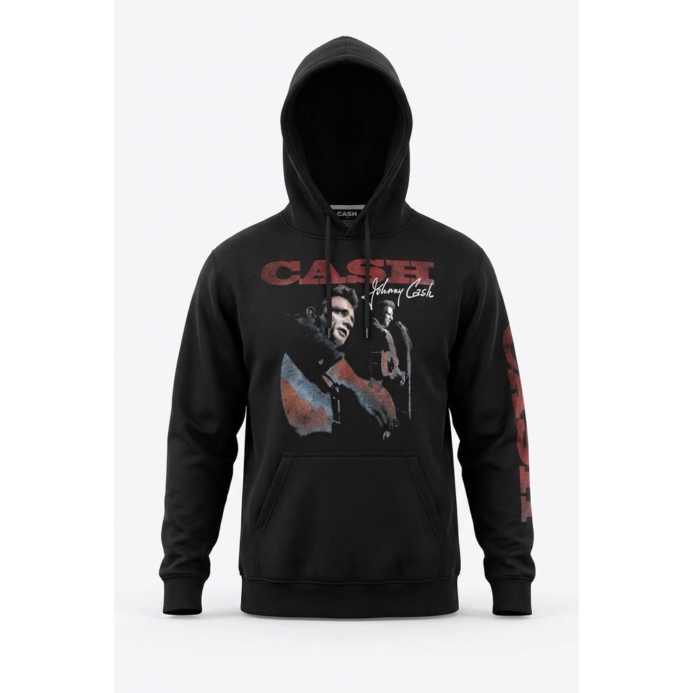 Johnny Cash Mens Black Graphic Hoodie Signature Sleeve Print Size Medium Distres